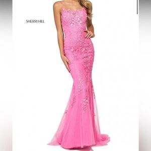 Sherri Hill Size 00 Bright Pink Floral Lace Strappy Open Back Mermaid Prom Dress